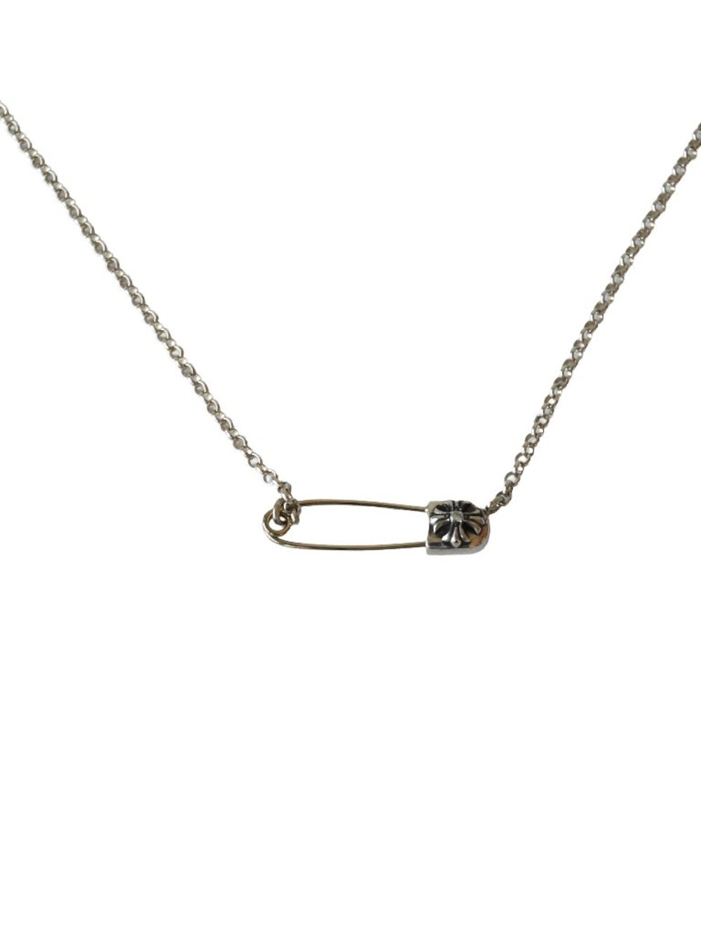 Chrome Hearts Safety Pin with Diamond Roll Chain Necklace Silver